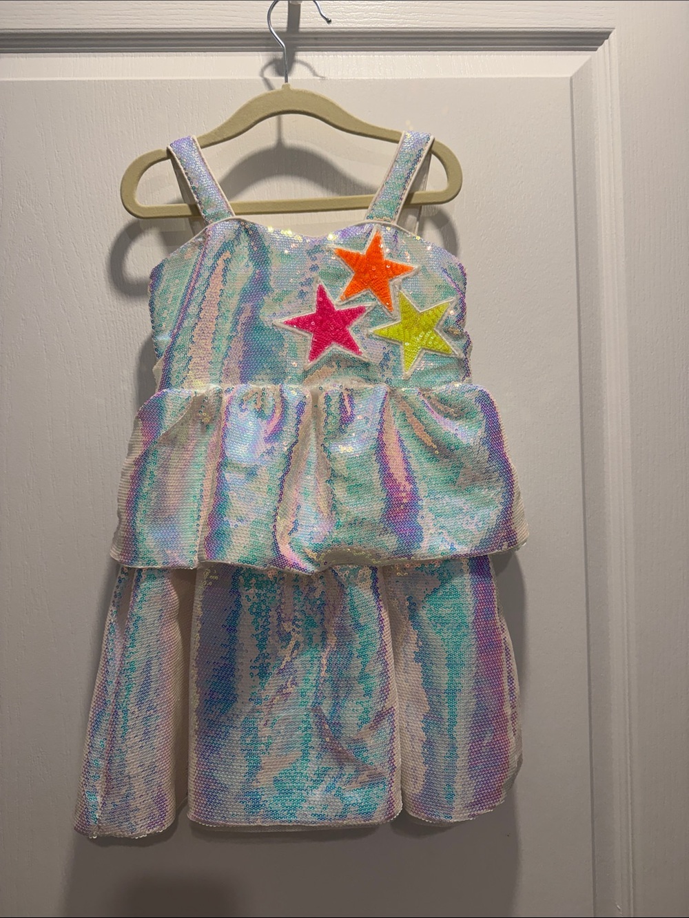 Lola + The Boys Iridescent White Tiered Sequin Sparkle Star Dress Sz 4